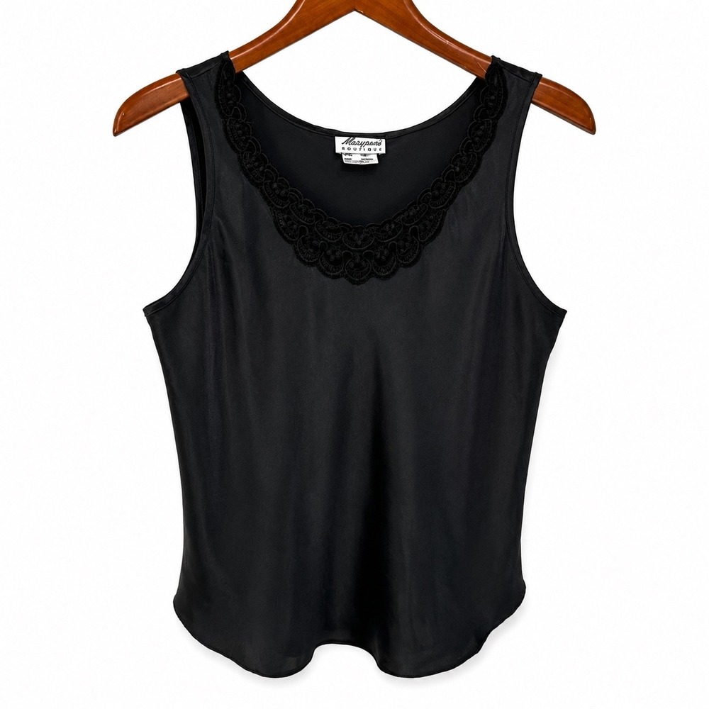 Maryann's Boutique Black Satin Lace Trim Tank Top Camisole Vintage Medium